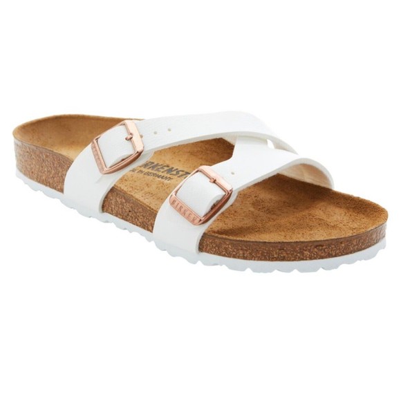 Birkenstock Shoes - Birkenstock White Mules with Rose Gold Buckles